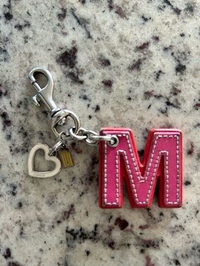 Coach Pink Leather 'M' Key Charm with Silver Heart